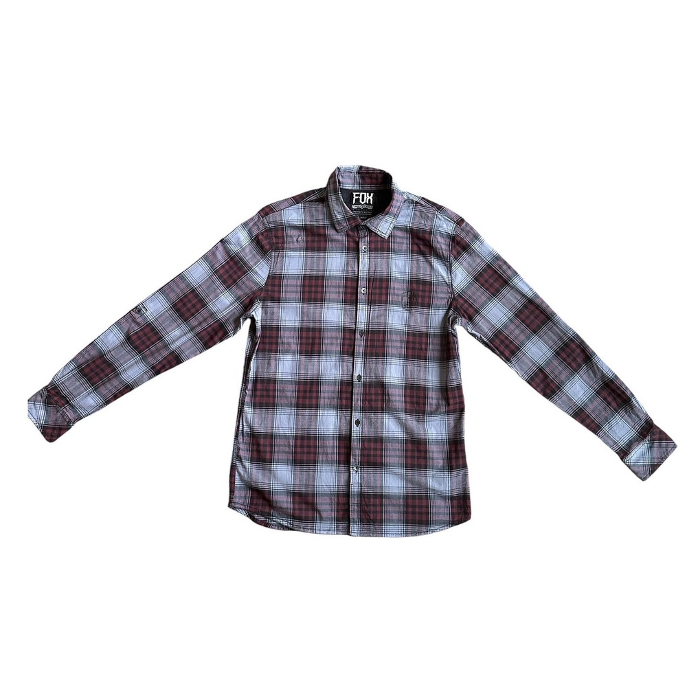 Fox Racing Plaid Button Down Shirt Men Large Red‎ Grey Slim Fit Long Sleeve